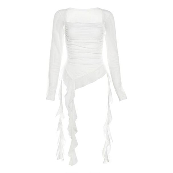 Irregular Ruffled Ribbon Off-Shoulder Slim Fit T-Shirt Sexy Unique Design Early Autumn Top For Women_ecoleips.com