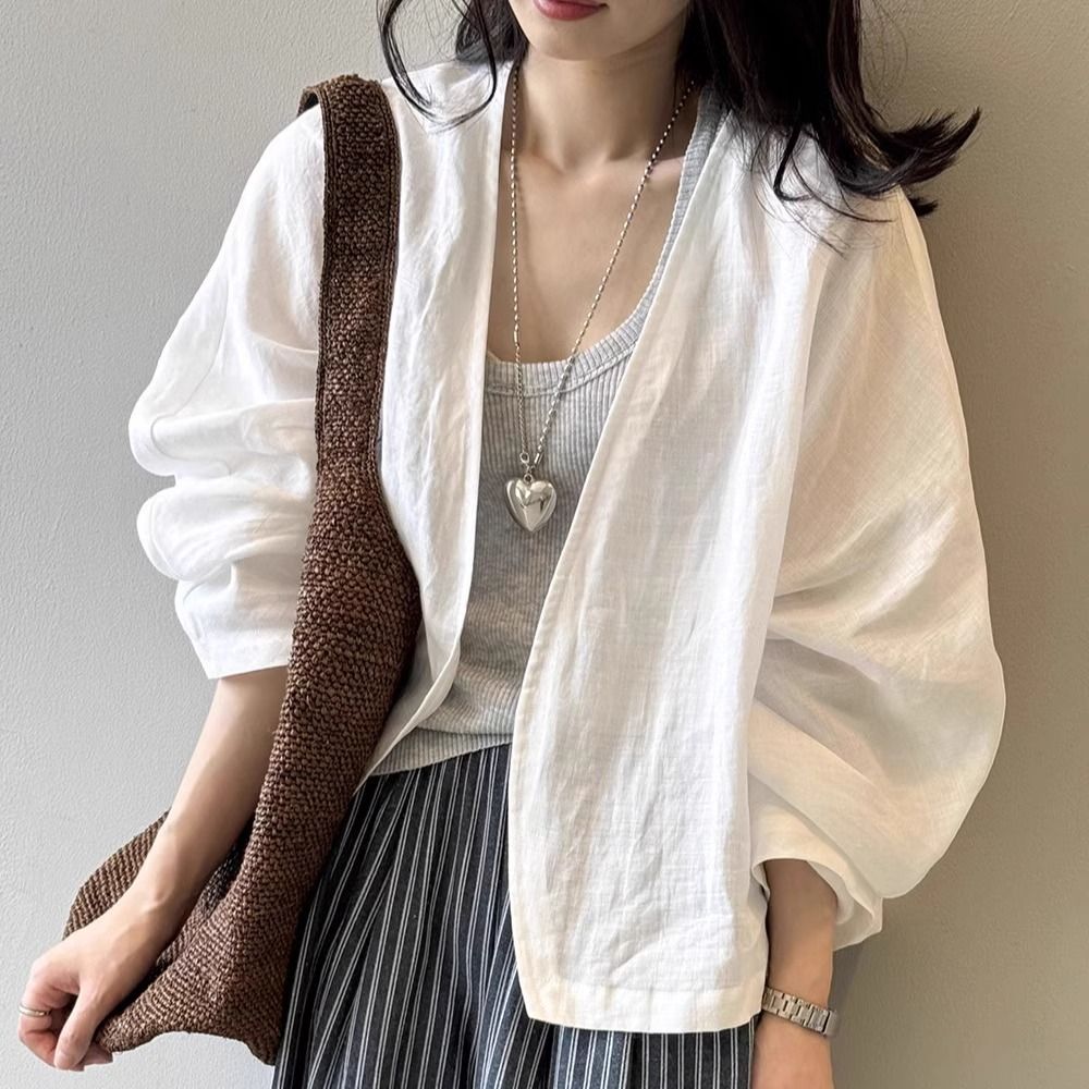 Women's Vintage Linen Cotton Shirt Jacket – Long Sleeve Oversized Boho Blouse, Summer Lightweight Cover-Up, Sun Protection Top_ecoleips.com