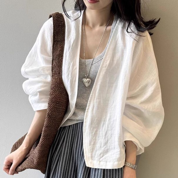 Women's Vintage Linen Cotton Shirt Jacket – Long Sleeve Oversized Boho Blouse, Summer Lightweight Cover-Up, Sun Protection Top_ecoleips.com