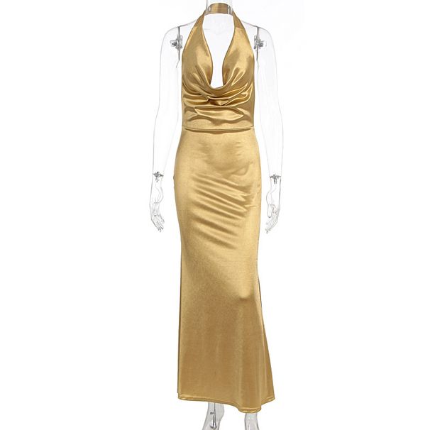 Women’s New Solid Color Sleeveless Halter Cowl Neck Bodycon Wrap Dress Elegant Slim Fit Party Evening Cocktail Dress_ecoleips.com