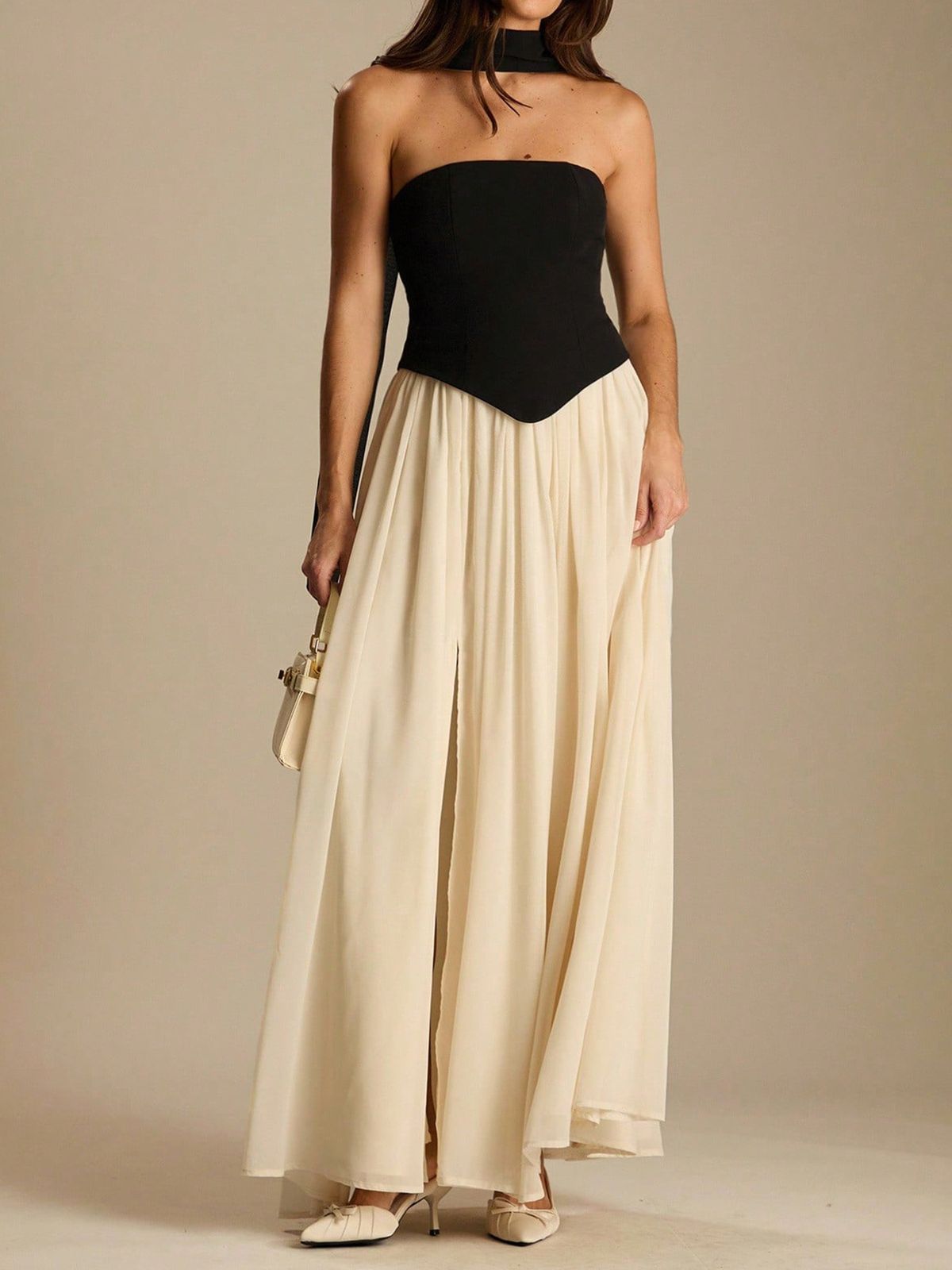 Stylish Two-Piece Casual Dress Set – Slimming Waist-Defining Long Dress With Contrast Panels (Trendy & Flattering Outfit For Women)_ecoleips.com