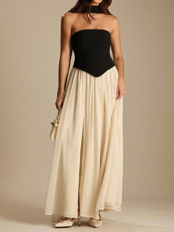 Stylish Two-Piece Casual Dress Set – Slimming Waist-Defining Long Dress With Contrast Panels (Trendy & Flattering Outfit For Women)_ecoleips.com