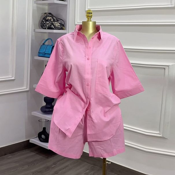 Women's Clothing Autumn Essential: Relaxed Lapel Short-Sleeve Shirt & Wide-Leg Shorts Set_ecoleips.com