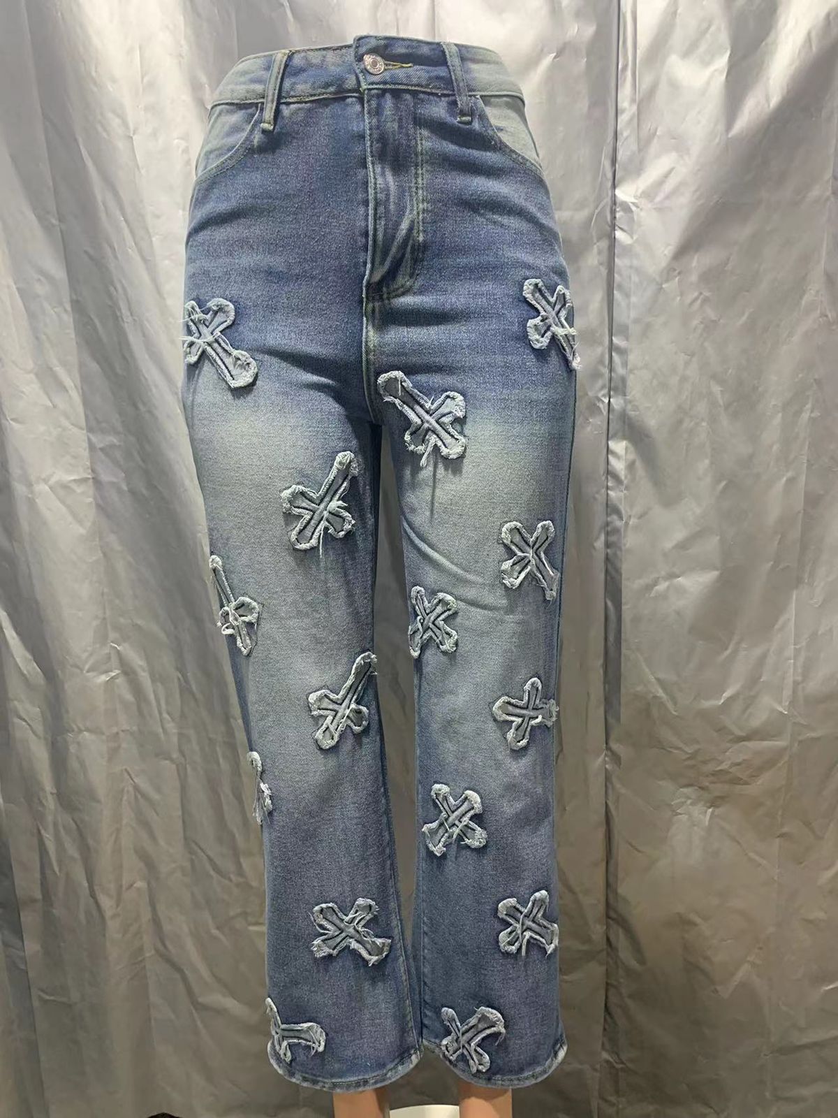 Women's Clothing Washed Denim Cross Hip Hop Straight Trousers_ecoleips.com