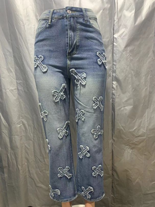 Women's Clothing Washed Denim Cross Hip Hop Straight Trousers_ecoleips.com