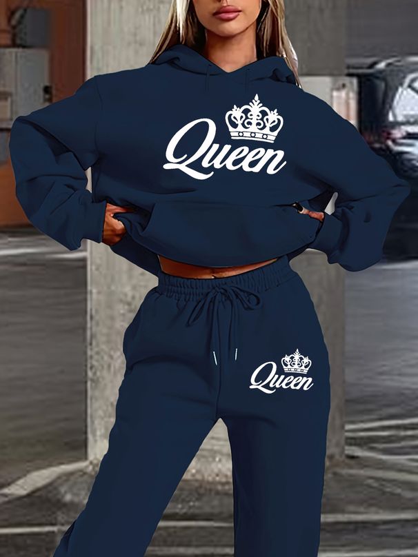 Women's Autumn And Winter Fashionable Casual Queen Pattern Printed Thick Velvet Warm Hooded Sweatshirt+sports Pants Set-755_ecoleips.com