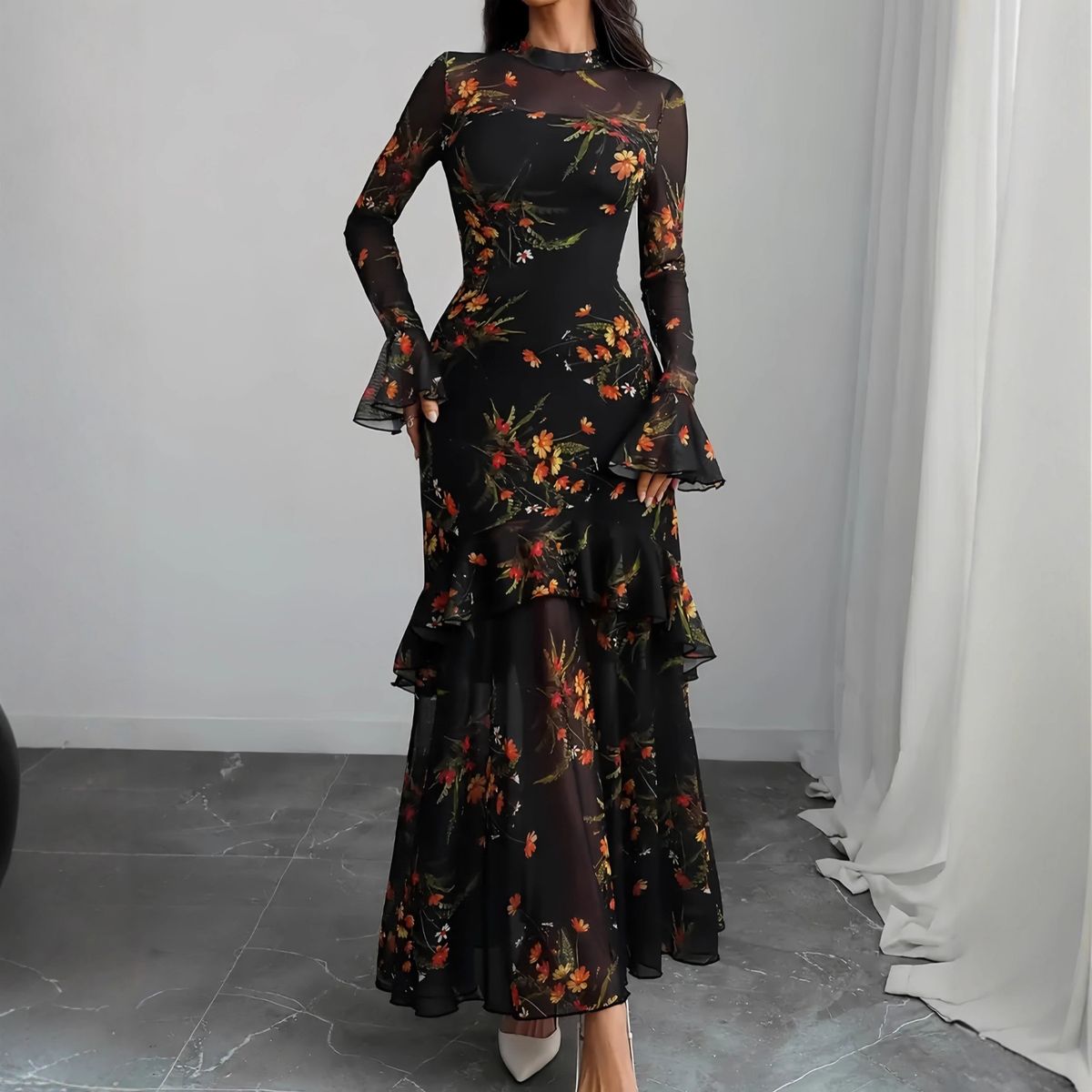 Large Stock Available. Two Piece Set: Black Floral Print Sundress With Spaghetti Straps, Elegant, Sweet, And Ethereal French Style._ecoleips.com