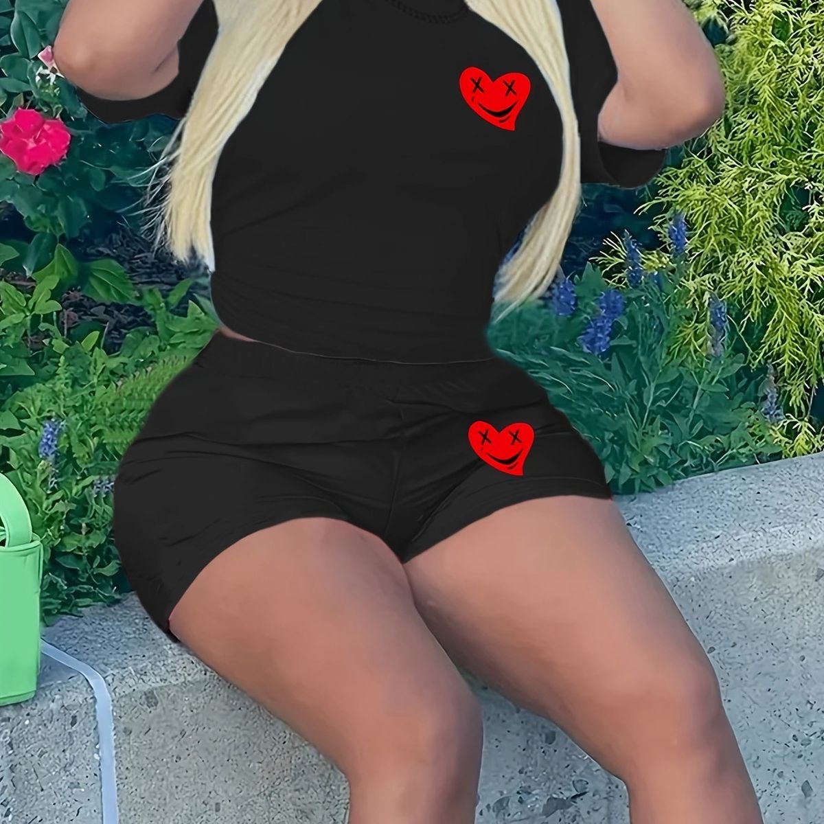 Summer Women's Casual Fashion Heart Print Loose T-shirt+shorts Two-piece Sportswear Suitable For Daily Wear-77_ecoleips.com