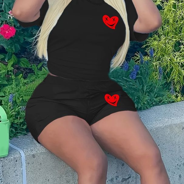 Summer Women's Casual Fashion Heart Print Loose T-shirt+shorts Two-piece Sportswear Suitable For Daily Wear-77_ecoleips.com