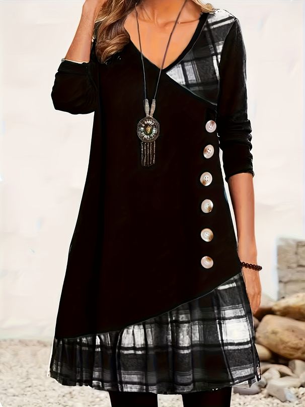 Plus-size Elegant Dress, Long-sleeved Casual Plaid Patchwork Women's Wear, V-neck Midi Dress For Everyday Commuting, Suitable For Daily Outings._ecoleips.com