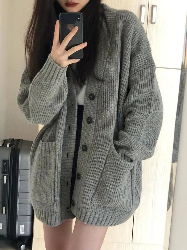 K New Loose Jacket Top, Knitted Sweater, Women's Lazy Style Cardigan_ecoleips.com