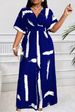 Curvy Women Black White Contrast Print Two Piece Outfit, Crisscross Neck Cap Sleeve Wide Leg Pant Set_ecoleips.com