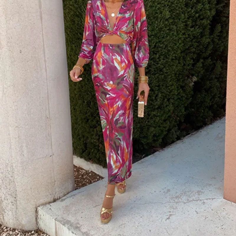 Spring Arrival Women's V Neck Color Block Print Hollow out Dress/Elegant Long Skirt Stylish European American Style Clothing_ecoleips.com