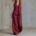 Women's Fashion Casual Solid Color Two Piece Set V Neck Gathered Loose Sleeveless Top with Casual Trousers European And American Style_ecoleips.com