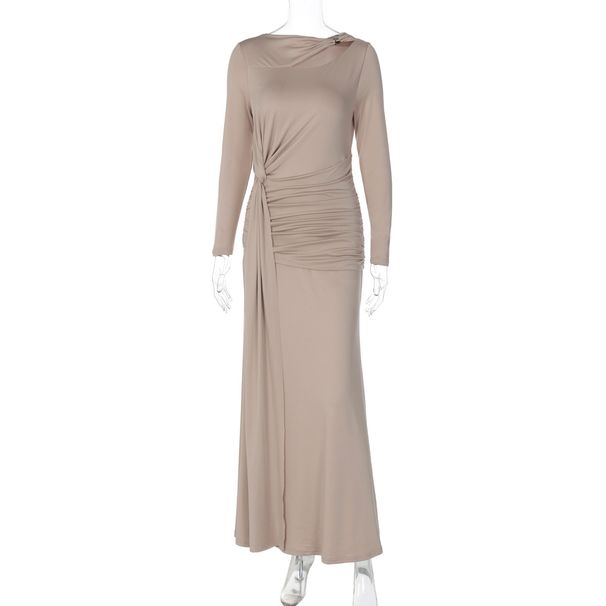 Elegant French-Inspired Women's Slim Fit Pleated Waist Dress - Long Sleeve Autumn Fashion Dress With Asymmetrical Hem_ecoleips.com