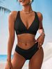 Women's Sexy Ribbed Deep V Solid Color Bikini Two Piece Swimsuit Trendy Beachwear for Ladies_ecoleips.com