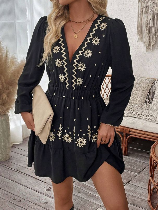 Women's Floral Embroidery V Neck Dress, Elegant Long Sleeve Dress For Spring, Ladies Clothes For Daily Wear_ecoleips.com