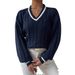 Chic Contrast Cable Knit Sweater For Women - Oversized V-Neck Long Sleeve Pullover With Lantern Sleeves, Soft Acrylic Blend, Autumn Winter Essential_ecoleips.com