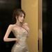 Elegant Shiny Halter Neck Ruched Mini Dress Women's Vintage Style Bodycon Skirt Short Skirt New Summer Fashion_ecoleips.com