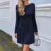 Women's Clothing Rippled Sleeve Midi Dress | Navy Blue Knit Dress With Sculptural Drapery – Vintage-Inspired Elegance & Modern Silhouette_ecoleips.com