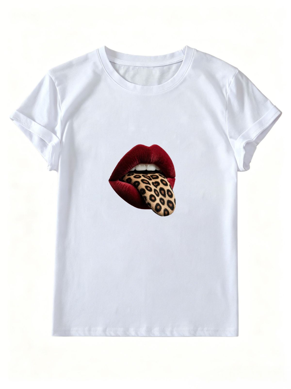 Women O Neck Short Sleeve Graphic T Shirt Retro Leopard Print Tongue Lips Pattern Casual Loose Fit Tees Summer Daily Streetwear Tops_ecoleips.com