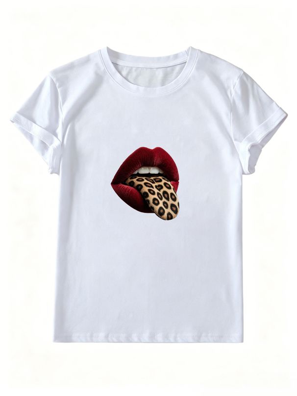 Women O Neck Short Sleeve Graphic T Shirt Retro Leopard Print Tongue Lips Pattern Casual Loose Fit Tees Summer Daily Streetwear Tops_ecoleips.com