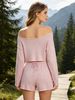 Ladies Off Shoulder Knit Short Set, Loose Fit Ribbed Texture Lightweight Breathable Soft Skin Friendly 2 Piece Knit Outfit_ecoleips.com