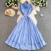 Women's Clothing French Gentle Style Blue Hollow Lace Lapel Dress For Women Summer Buttoned Waist Slim Long Skirt_ecoleips.com