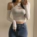 2025 Autumn/Winter European And American Solid Color Fashionable Off-Shoulder Asymmetrical Neck Hollow Out Long Sleeve_ecoleips.com