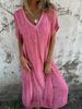Women's Clothing Spring And Summer Loose Skirt Short Sleeved V Neck Solid Color Cotton And Linen Dress_ecoleips.com