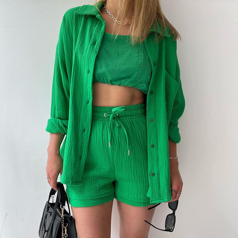Women's Fashionable Casual Two Piece Set High Waisted Drawstring Shorts And Long Sleeved Shirt Wrinkled Lapel European And American Style 2024_ecoleips.com