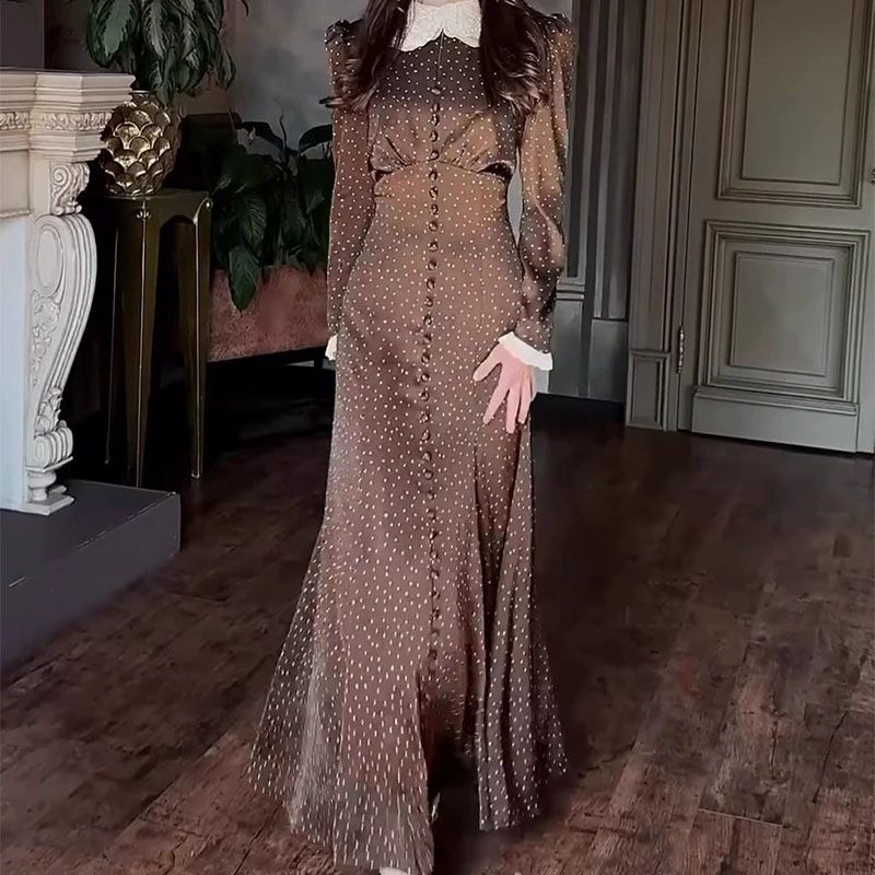 Polka Dot Print High Waist Women's Party Dress New 2026 Spring Slim Fit Commuting Dress Lace Peter Pan Collar Autumn Robe Dress_ecoleips.com