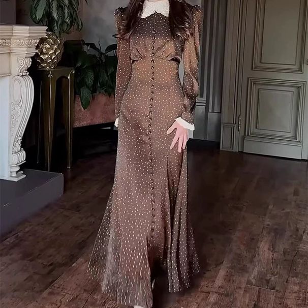 Polka Dot Print High Waist Women's Party Dress New 2026 Spring Slim Fit Commuting Dress Lace Peter Pan Collar Autumn Robe Dress_ecoleips.com
