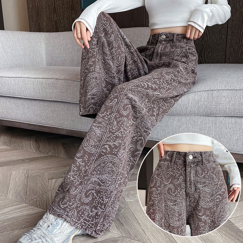 Blue Printed Wide-leg Jeans For Women, 2025 New Model, Ultra-sparkling Design, Chinese Style, Slim-fit Long Pants A8577_ecoleips.com