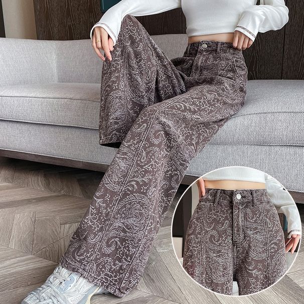 Blue Printed Wide-leg Jeans For Women, 2025 New Model, Ultra-sparkling Design, Chinese Style, Slim-fit Long Pants A8577_ecoleips.com