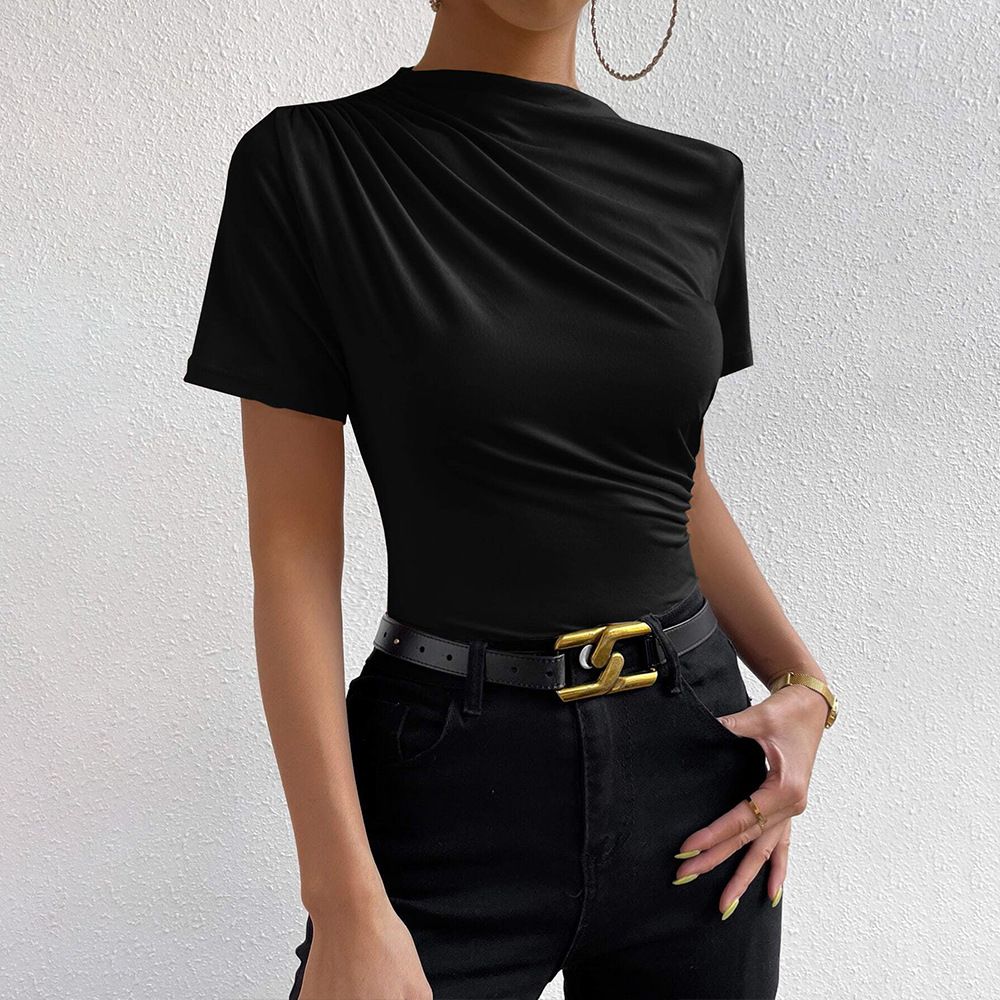 Voya Women's Semi High Neck T-shirt Summer New Style Pullover Solid Color Slim Fit Short Top_ecoleips.com