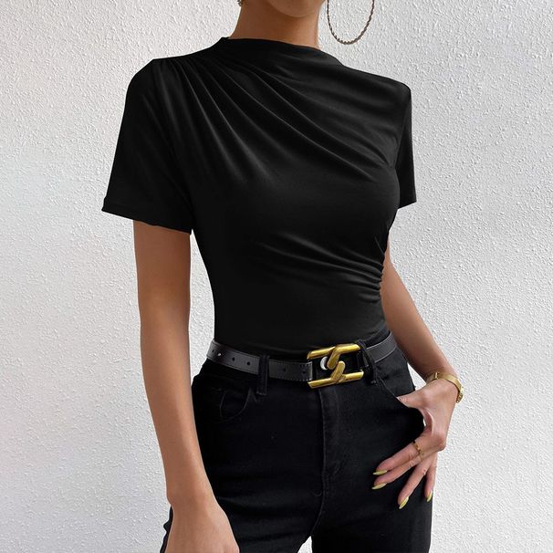 Voya Women's Semi High Neck T-shirt Summer New Style Pullover Solid Color Slim Fit Short Top_ecoleips.com