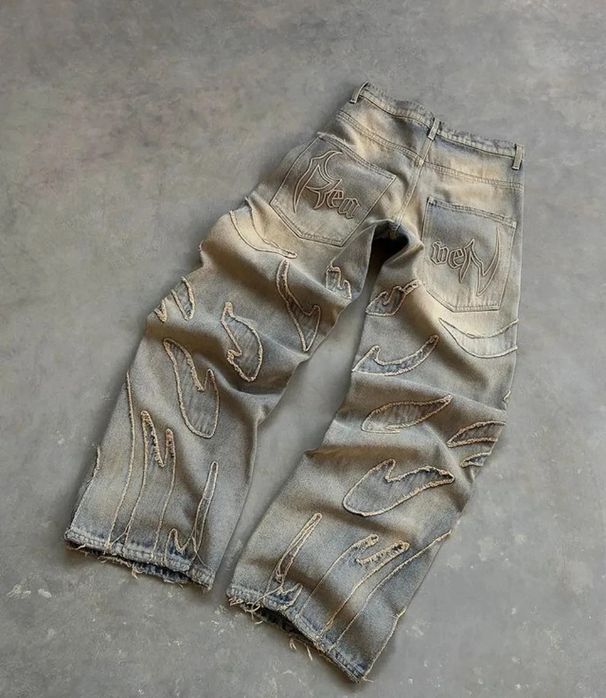 Women's Clothing Retro Flame Stitching Wide Leg Jeans Y2k Hip Hop Punk Raw Edge Embroidery Jeans_ecoleips.com