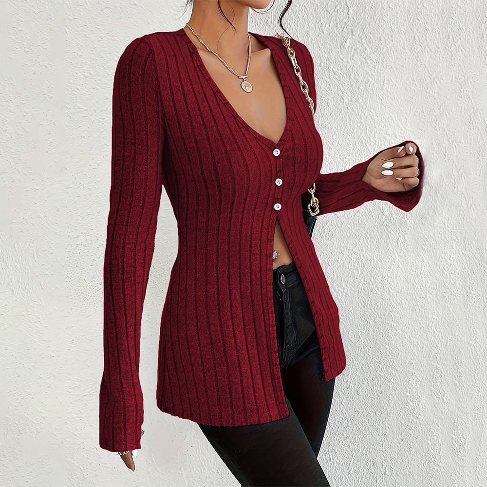 Voya Women's French Sexy Style V-neck T-shirt With Spring And Summer Long Sleeves And Exposed Navel Design, As Well As A Base Shirt And Top For_ecoleips.com