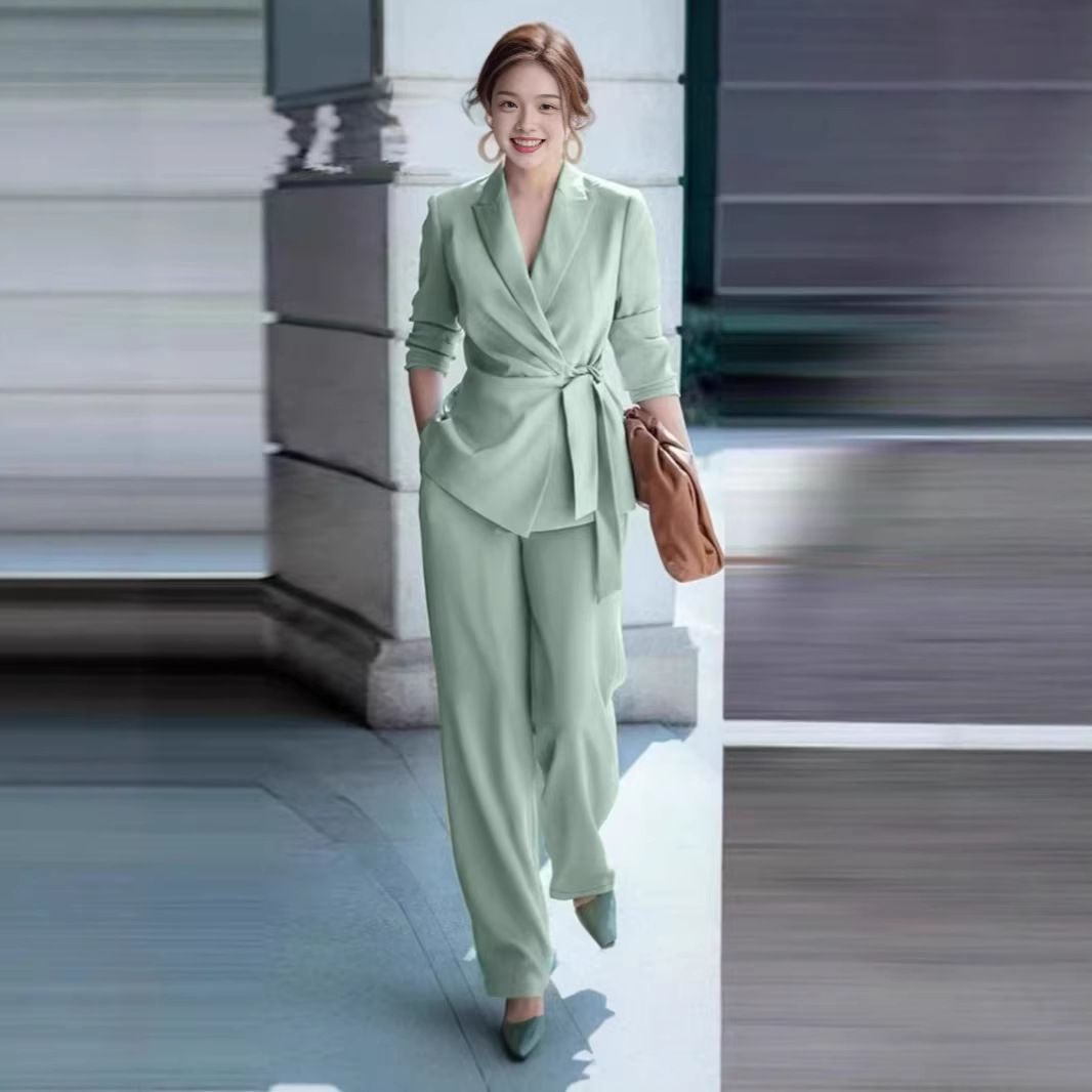 Women's Elegant Tie Waist Suit Set Solid Color Autumn/Winter New Cross Border E Commerce European And American Style_ecoleips.com