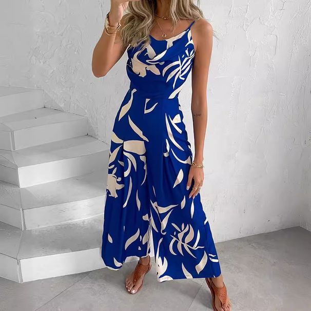 Fashionable Printed V-Neck Backless Waist-Cinched Wide Leg Jumpsuit Elegant One-Piece Cross-Border Long Pants For Women_ecoleips.com