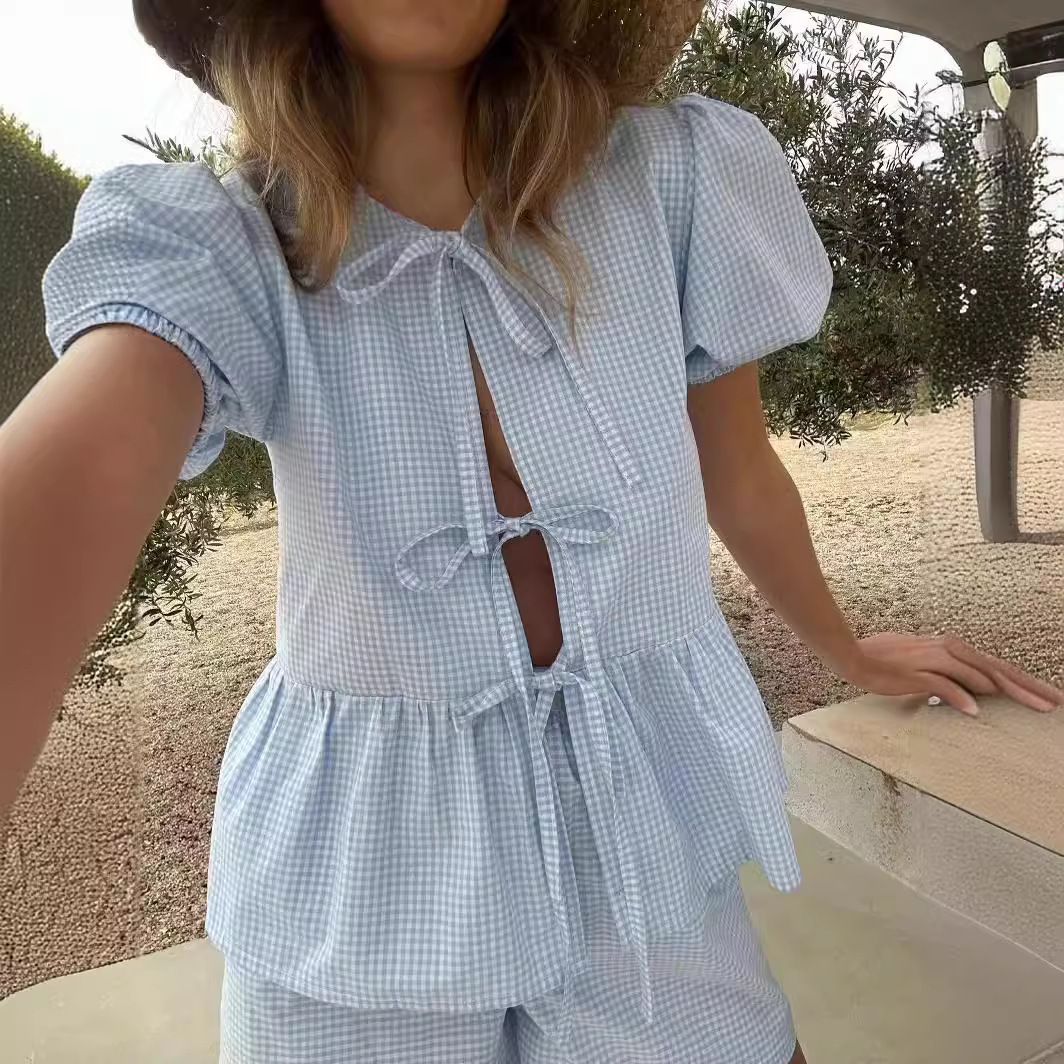 Women's Clothing Summer New Sweet Bow Plaid Shirt Wide Leg Shorts Casual Suit_ecoleips.com