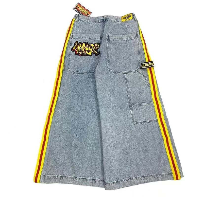 Women's Clothing High Street Fashion Brand Side Seam Contrast Color Patchwork Pocket Print Straight Wide Leg Jeans For Men And Women_ecoleips.com