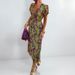Voya 2026 Women's Fashion Printed V-neck Pleated Waist Slimming Dress_ecoleips.com