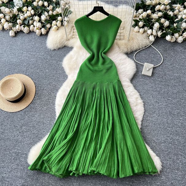 Luxury Sleeveless Knitted Dress for Women Summer Light American European Style Pleated Splicing Slim Fit Long Skirt_ecoleips.com