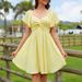 Women's Square Neck Short Sleeve Smocked High-Waist Midi Dress With Back Bow Knot, A-Line Vacation Dress_ecoleips.com