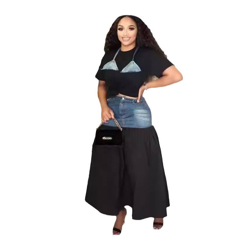Women’s Clothing new fashion personality stitching contrast color T shirt denim skirt suit two piece suit for women_ecoleips.com