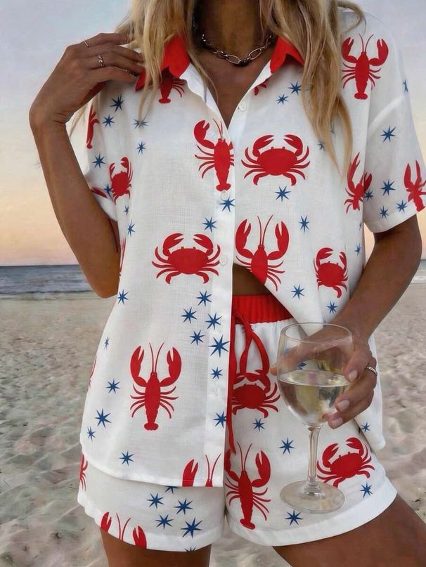 Women's Resort Style Printed Collared Shirt And Shorts Set Short Sleeve Style_ecoleips.com