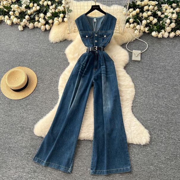 Lightly Mature Retro Fashion V Neck Sleeveless Jumpsuit For Women 2025 Summer High Grade Strappy Waisted Denim Wide Leg Pants_ecoleips.com