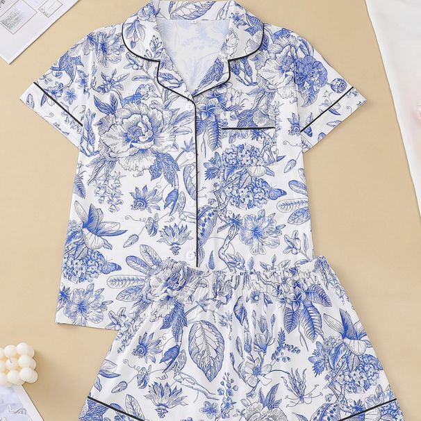 Women's Clothing Pajamas Set Four Seasons Floral Print Short Sleeved Shorts Home Wear Set_ecoleips.com